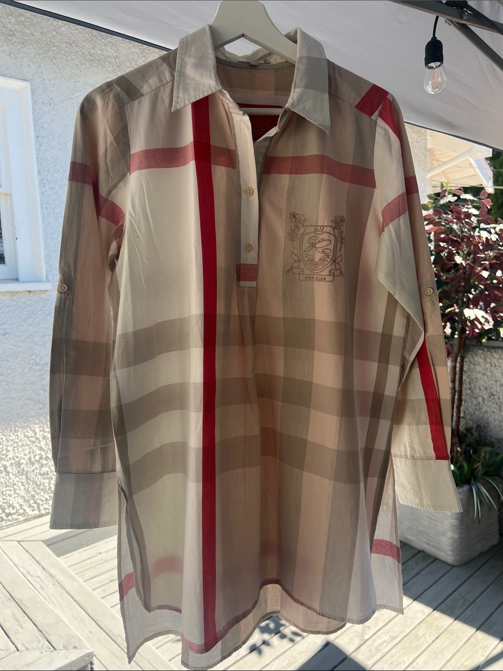 Women’s Beige Plaid Button-Down Tunic Shirt with Red Stripes